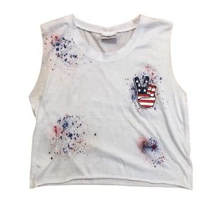 White American flag firework peace girl’s raw edge tank top, XL
